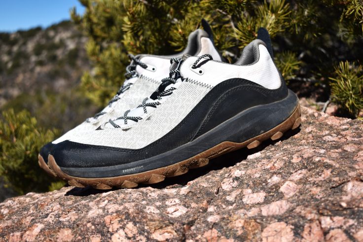 close up of the Danner N45 hiking shoe on a rock with pines in the background