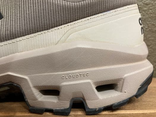 Close up of hollow Cloudtec pods on the bottom of the On Cloudrock 2 hiking show