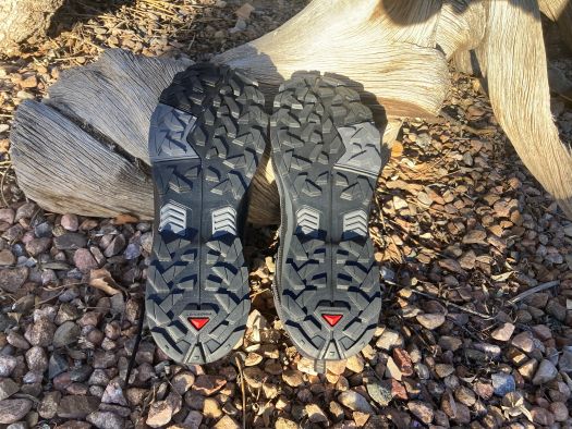 Close up of the rubber tread on the bottom of the Salomon X Ultra 5 hiking boot